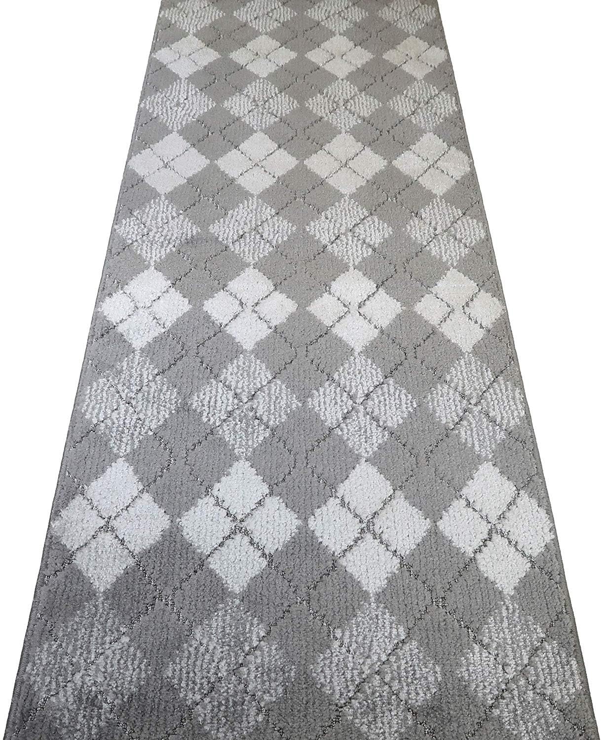 Custom Length Hallway Runner Rug,Slip Resistant,Squares Grey, 26 Inch X 15 feet, Sold and Priced Per Foot