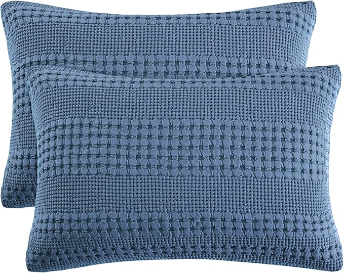 PHF 100% Cotton Waffle Pillow Shams Standard Size, 2 Pack 20" x 26" Soft Skin-Friendly Pillowcases, No Filling, Aesthetic Woven and Breathable Waffle Weave Pillow Case Covers for Bed, Captain's Blue