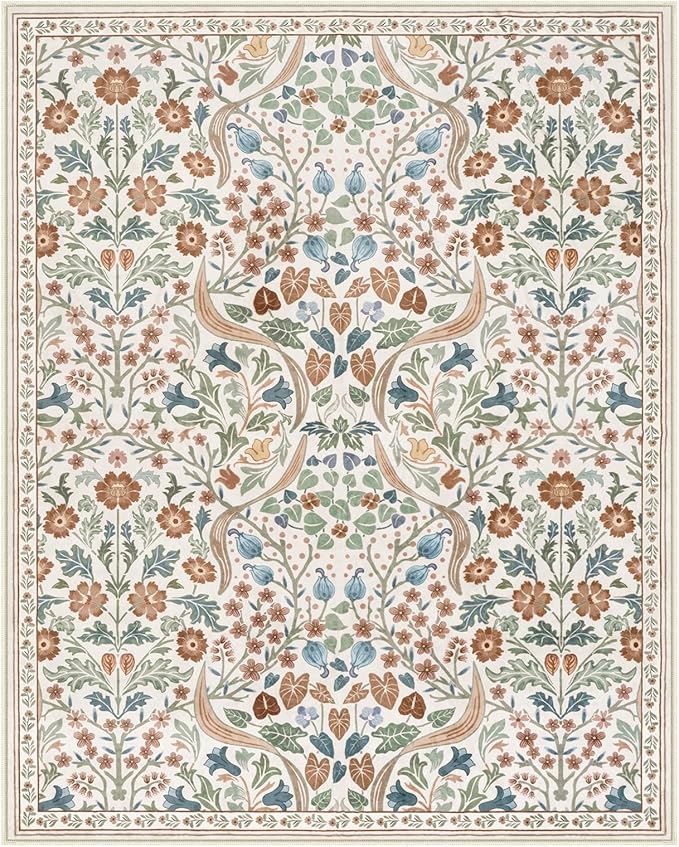 Lahome Floral 8x10 Rugs for Bedroom, Washable Beige Area Rug for Nursery Playroom, Botanical Soft Boho Carpet for Kids Room, Living Room Indoor