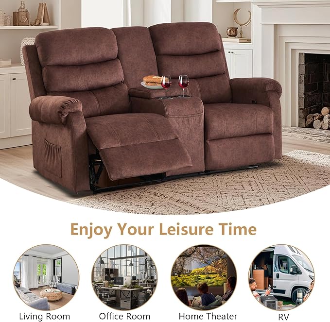 Loveseat Reclining Sofa, Home Theater Seating with Center Console, RV Recliner Sofa with Cup Holders and Pockets, Manual Double Seater Recliner for Living Room, Motor Home (Flannel Brown)