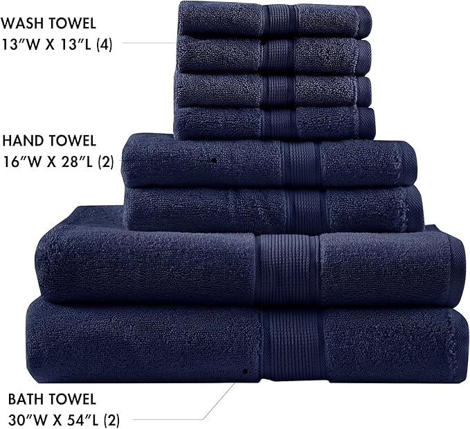 Madison Park 800GSM Bathroom Towel Set of 8 100% Cotton Bath Towel Set for Bathroom Luxurious Highly Absorbent 2 Bath Towels 2 Hand Towels 4 Washcloths Quick Dry Spa Quality Dark Navy