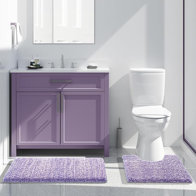 Yimobra Toilet Rugs U Shaped Washable 24x20, Ultra Soft and Water Absorbent Bath Mats, Non Slip Fluffy Shaggy Luxury Microfiber Contour Bath Rugs for Toilet, Dry Quick, Purple and White