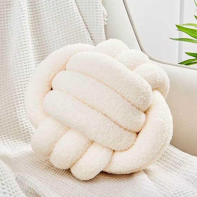 Uvvyui Knot Pillow Ball, Soft Home Decorative Pillows, Round Throw Pillow, Handmade Knotted Plush Pillow, Round Boucle Pillow Cushion (Medium (Pack of 1) Cream)