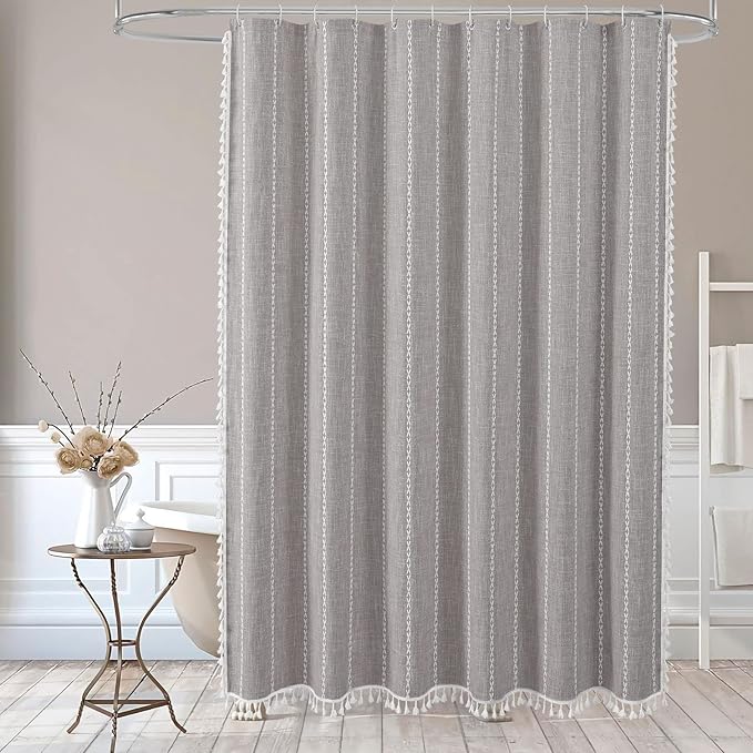 MitoVilla Grey Farmhouse Fabric Shower Curtain Set, Boho Modern Polyester Linen Shower Curtains for Vintage Rustic Bathroom Decor, Country Tassel Thick Cloth Shower Curtain, 72 x 72