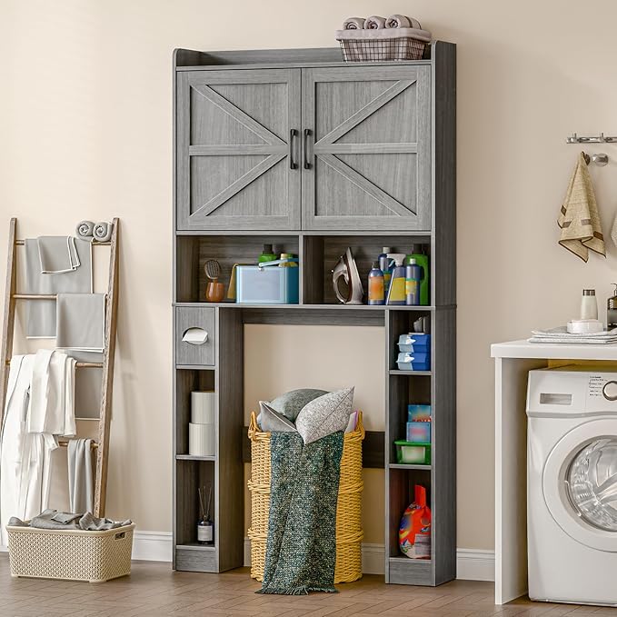 Over The Toilet Storage Cabinet, Farmhouse Toilet Cabinet Rack with Barn Doors, Space Saving Bathroom Organizer with Shelves, Toilet Paper Holder and Towel Rack for Bathroom,Restroom,Laundry,Wash Grey