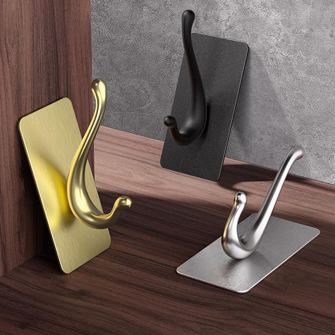 Towel Hooks, Solid Alloy Adhesive Wall Hooks for Hanging, Towel Hooks for Bathroom, RV, Kitchen, Closets, etc (Silver, 2 Pack)