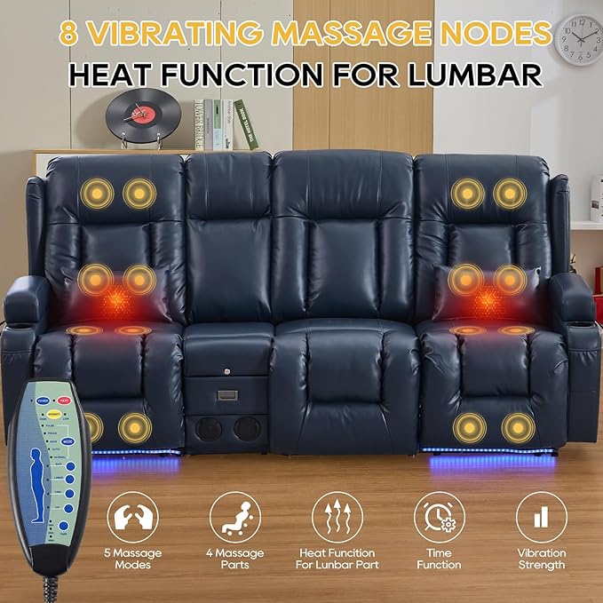 IPKIG 89" Power Reclining Loveseat Sofa, Electric Home Theater Seating with Console/4 Colors Ambient Lighting/Bluetooth Speakers/USB Ports/Built-in Outlets (Blue, 3-Seater with Console)