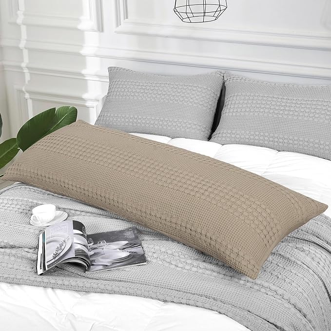 PHF 100% Cotton Waffle Body Pillowcase with Zipper, 1 Pack 20" x 54" Soft Skin-Friendly Pillow Sham, No Filling, Aesthetic Woven and Breathable Waffle Weave Body Pillow Cover for Bed, Simply Taupe