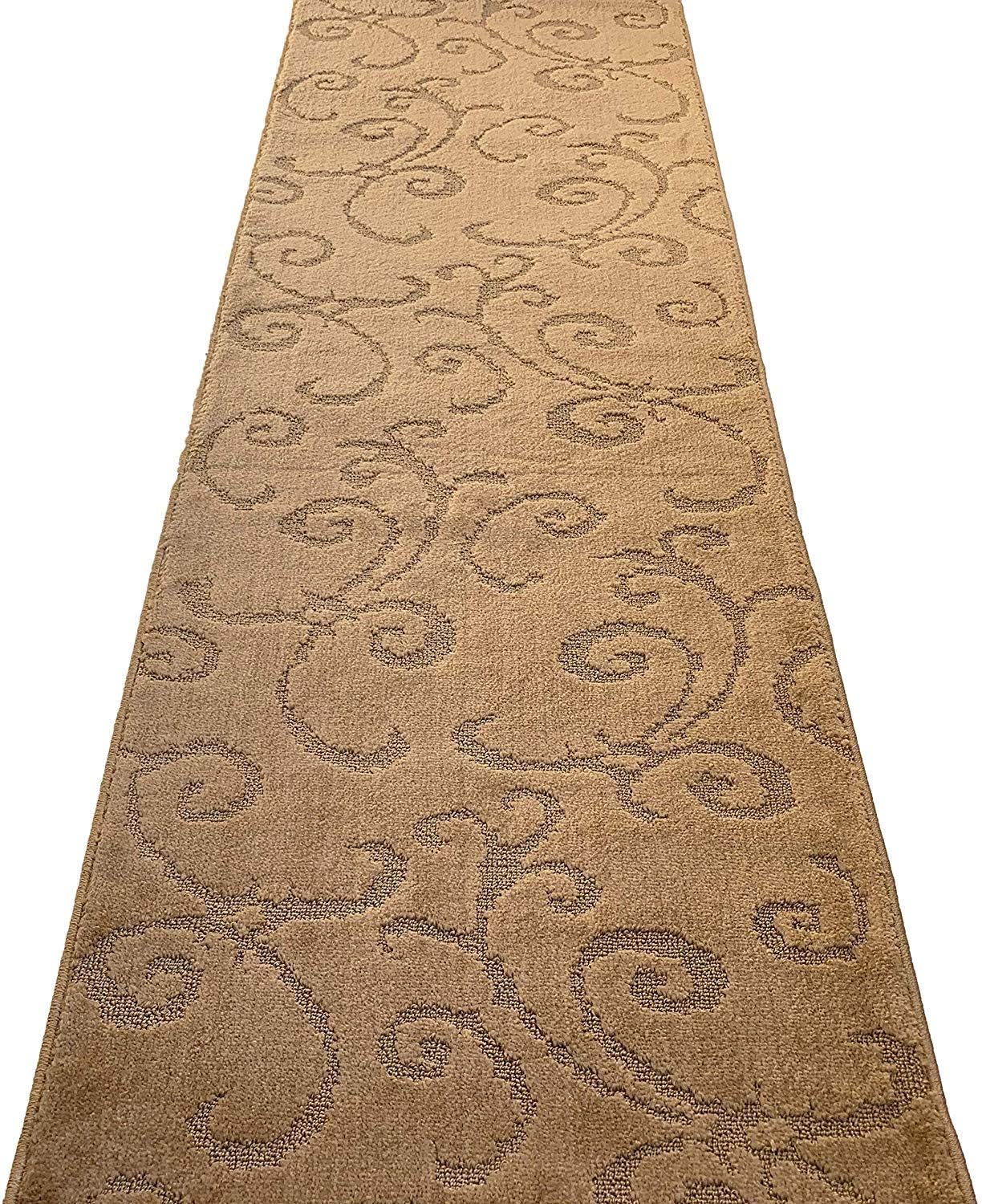 Custom Length Hallway Runner Rug,Slip Resistant,Scroll Brownish Beige, 26 Inch X 28 feet, Sold and Priced Per Foot