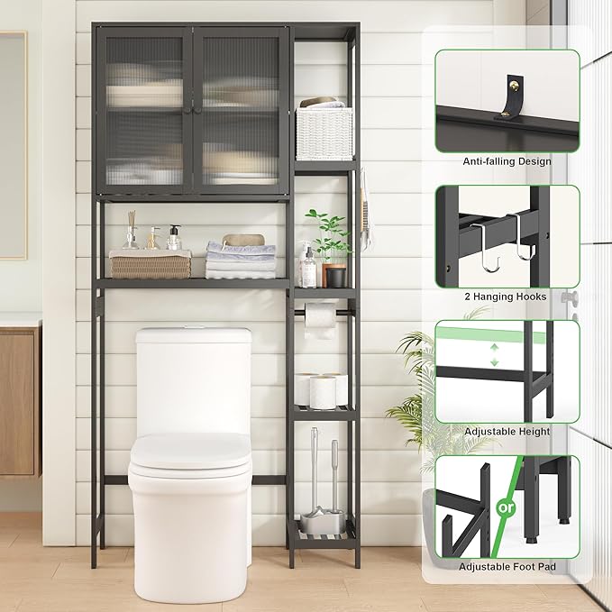 Over The Toilet Storage Cabinet Above Toilet Bathroom Organizer with Toilet Paper Holder Stand Bath Organizer with Adjustable Shelves & Acrylic Doors,Anti-Tip Device (Black, 3 Tiers with Cabinet)