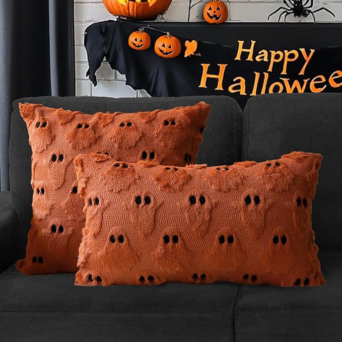 4TH Emotion Halloween Ghost Decorative Pillow Covers 16x16 Set of 2, Rust Red Soft Plush Faux Fur Farmhouse Throw Cushion Cases for Fall Autumn Holiday Home Decorations
