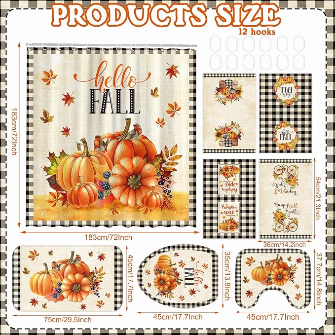 8 Pcs Hello Fall Grid Shower Curtain Set for Bathroom Include Harvest Autumn Pumpkin Shower Curtain Towels Non Slip Rugs Toilet Lid Cover Bath Mat and 12 Hooks for Autumn Bathroom Decor