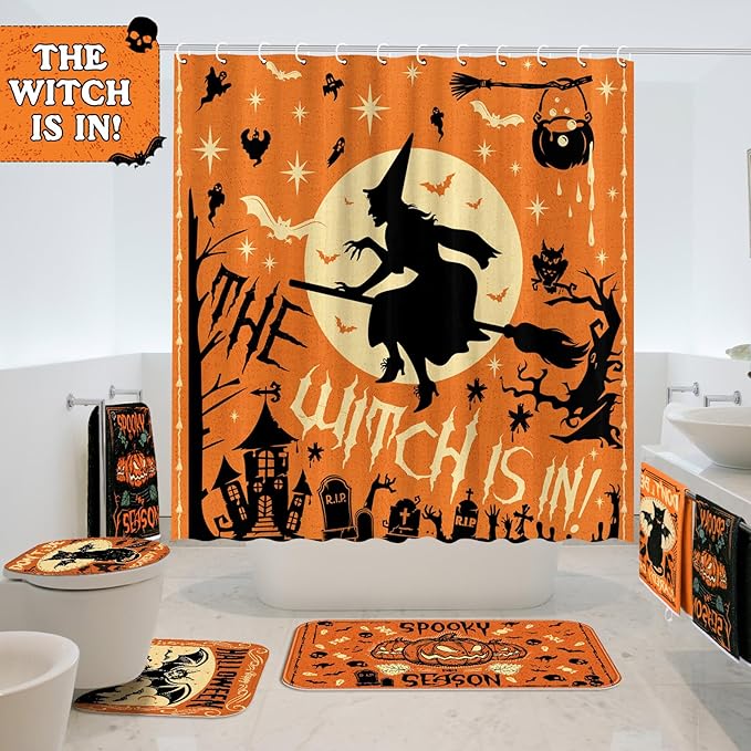 8 Pcs Halloween Shower Curtain Set for Bathroom Include Witch Shower Curtain Black Cat Towels Non Slip Rugs Toilet Lid Cover Spooky Pumpkin Bath Mat and 12 Hooks for Halloween Bathroom Decor