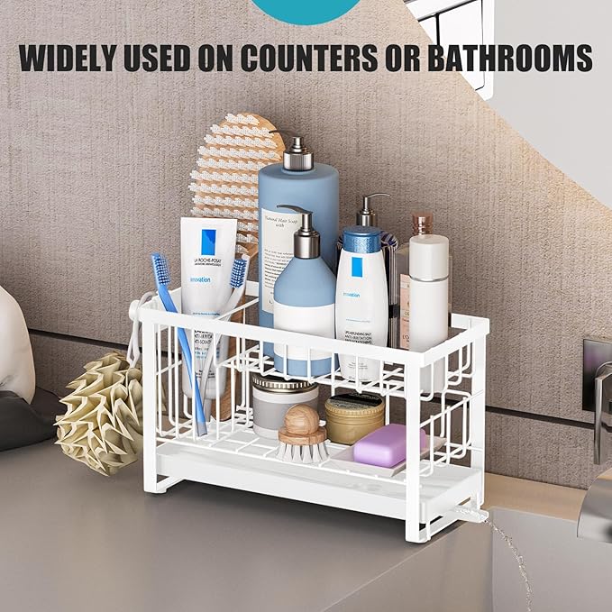 Sponge Holder for Kitchen Sink with Flexible Sponge Holder Smiley Face,2 Tier Kitchen Sink Organizer Countertop and Storage Essentials,Soap Dispenser Organize,Home Decor Accessories-White