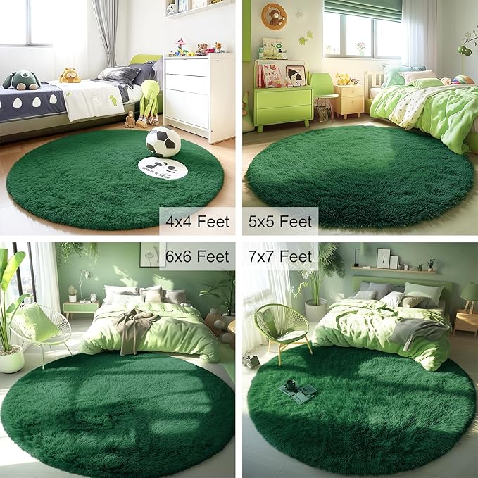OLANLY Dark Green Round Rugs for Bedroom - Machine Washable, 4 ft Circle Area Rugs for Living Room, Soft and Fluffy Shaggy Carpet for Teen Girls and Boys, Nursery Rooms, Dorms, Home Decor Aesthetic