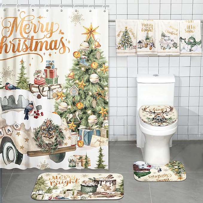 8 Pcs Christmas Shower Curtain Set Xmas Santa Bathroom Decoration Christmas Tree Hand Towels Snowman Toilet Lid Cover Bathroom Rugs Xmas Shower Curtain with Hooks (Vintage Style)