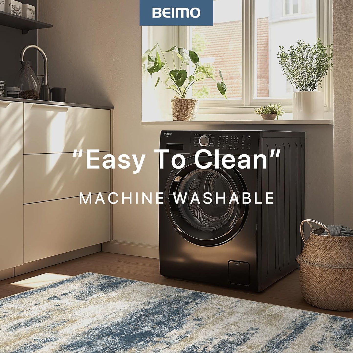 Area Rugs 10x14 for Living Room Bedroom, Modern Abstract Machine Washable Rug, Large Soft Low Pile Floor Cover with Non Slip Backing for Dining Room, Blue Beige