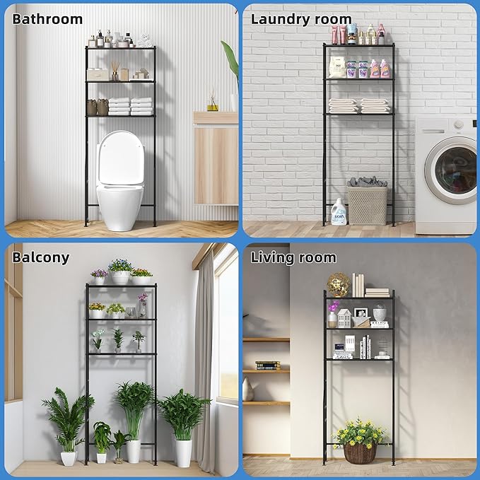3-Tier Over The Toilet Storage, Freestanding Metal Bathroom Shelves, Space Saver Above The Over Toilet Storage Shelf for Bathroom, Black