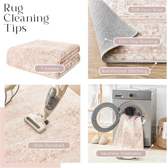 Pink Area Rug for Living Room Soft Washable Faux Wool Neutral Boho Floral Big Nursery Bed Bedroom Livingroom Carpet Size Extra Large Area Rugs 8x10