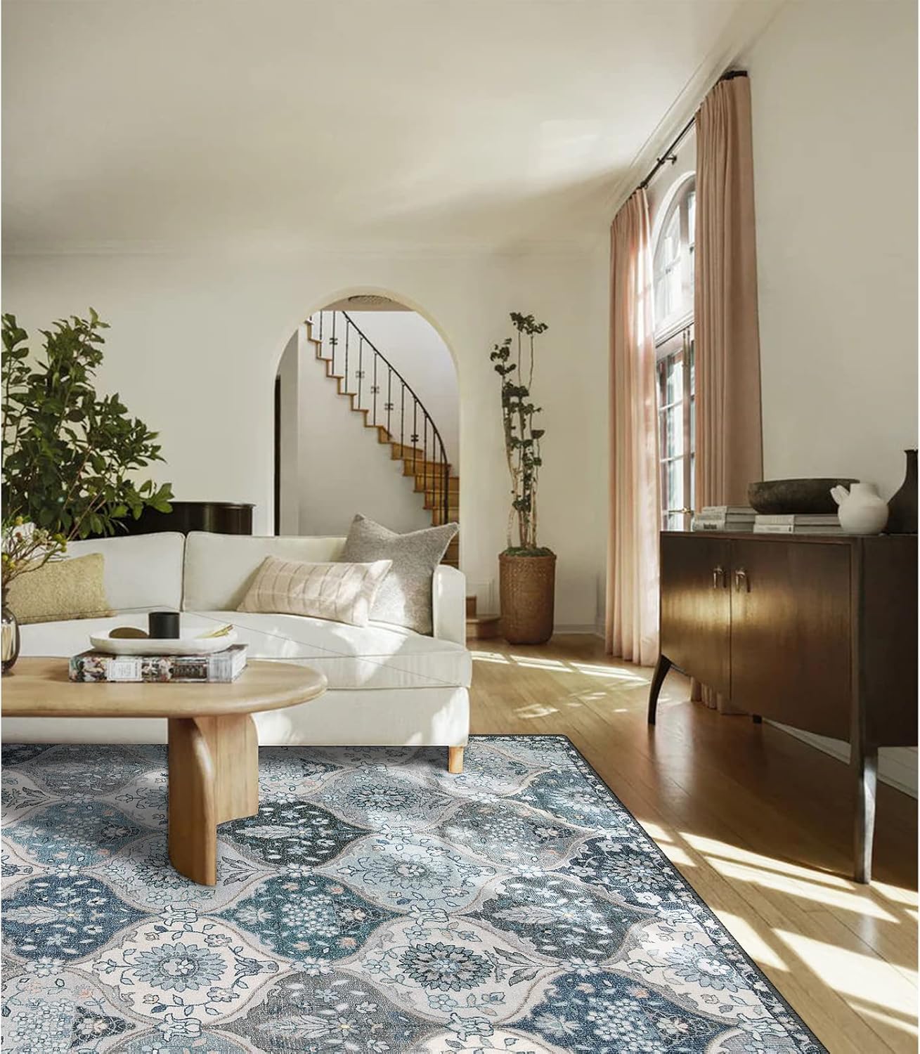 Lahome Moroccan Trellis Washable Area Rug, 5x7 Rugs for Living Room Bedroom, Indoor Non-Slip Oriental Accent Throw Large Carpet for Kitchen Entryway Bathroom Office, Blue