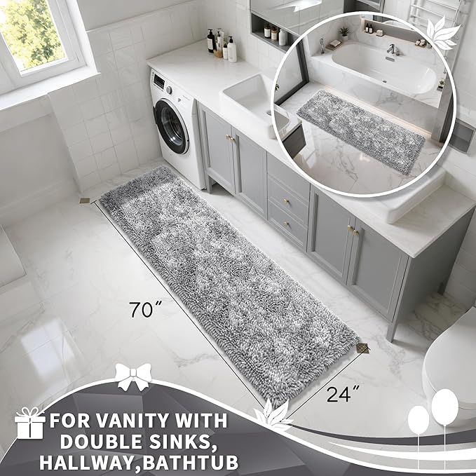 Yimobra Long Bathroom Rugs Runner 70x24 Inch, Extra Thick Soft Absorbent Chenille Bath Mat, Non Slip Machine Washable, Quick Dry Bath Rugs for Bathroom Floor, Tub and Shower, Light Grey