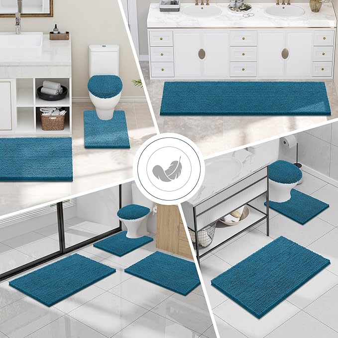 Smiry Luxury Chenille Bathroom Rugs 34x21, Extra Soft and Absorbent Shaggy Bath Mat, Machine Washable, Non-Slip Plush Carpet Runner for Tub, Shower, and Floor, Home Decor Accessories, Peacock Blue