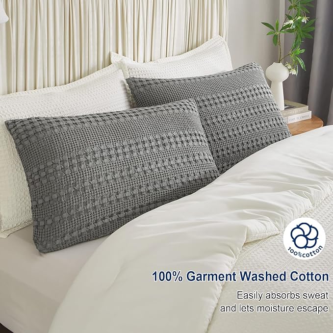 PHF 100% Cotton Waffle Pillow Shams Queen Size, 2 Pack 20" x 30" Soft Skin-Friendly Pillowcases, No Filling, Aesthetic Woven and Breathable Waffle Weave Pillow Case Covers for Bed, Dark Grey