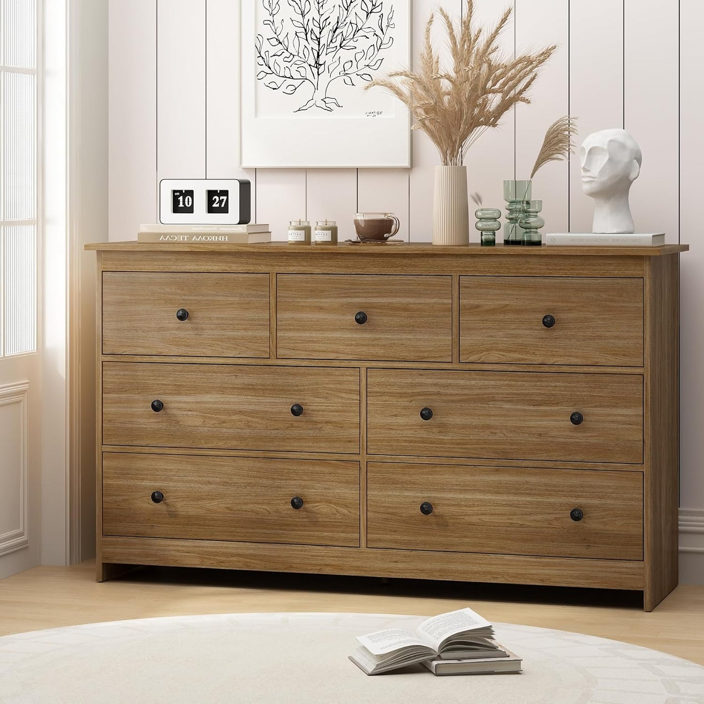 JOZZBY 55" Walnut Dresser for Bedroom, 7 Drawer Wood Large Dresser with Metal Knob, Modern Chests of Deep Drawers Organizer for Home Office, Hallway