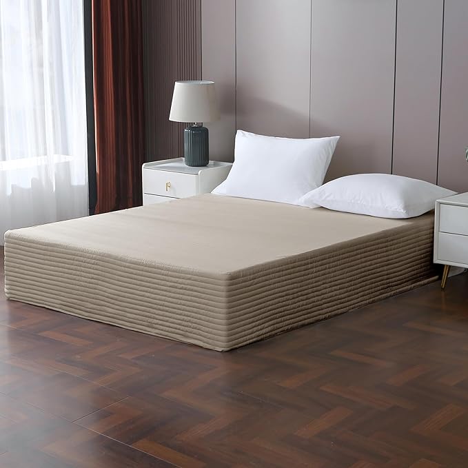 King Bed Skirt-Box Spring Cover with 14 Inch Tailored Drop,Wrinkle and Fade Resistant Hotel Wrap Around Bed Skirts,Bed Frame Cover (Horizontal Stripe Light Khaki, King)