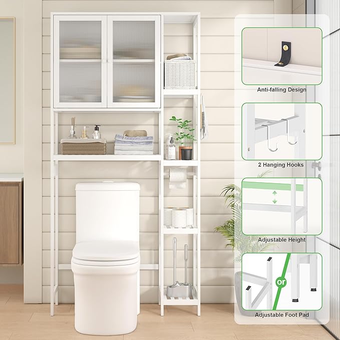 Over The Toilet Storage Cabinet Above Toilet Bathroom Organizer with Toilet Paper Holder Stand Bath Organizer with Adjustable Shelves & Acrylic Doors,Anti-Tip Device (White, 3 Tiers with Cabinet)