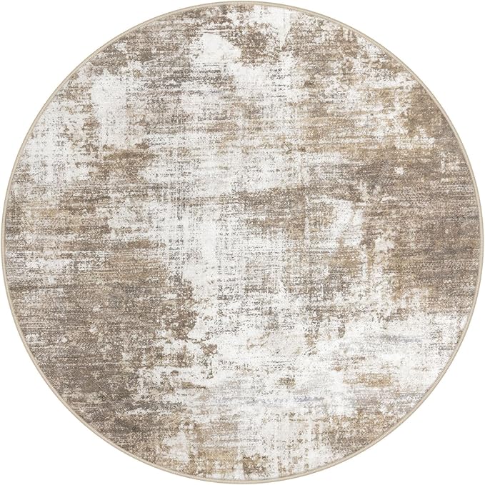 IOHOUZE Round Area Rug 5 Ft Circle Entryway Rugs Round Washable Door Mat Indoor Entrance, Non Slip Circle Front Door Rug, Printed Abstract Faux Wool Floor Carpet for Foyer Porch Sink, Beige Brown