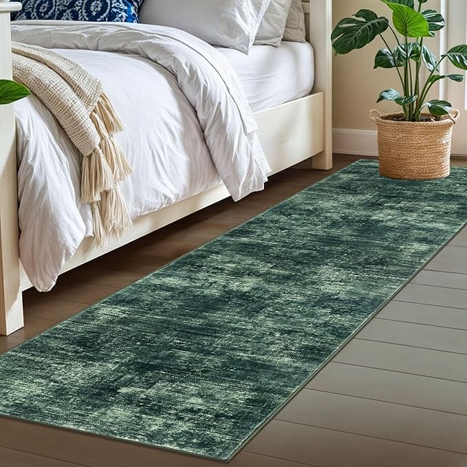 IOHOUZE Abstract Runner Rug 2x7 Ft Washable Runners for Hallways, Non Slip Kitchen Runner Printed Faux Wool Entryway Runners Indoor, Modern Abstract Floor Carpet for Hall Kitchen Bedroom, Dark Green
