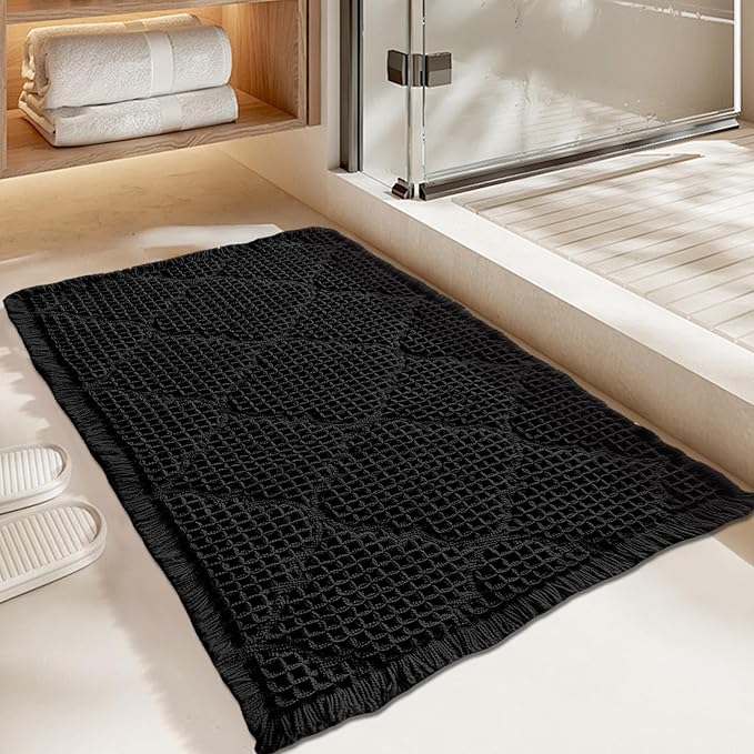 ZALL Black Waffle Bath Mat,Super Absorbent Non Slip Bathroom Rug,Brown 24x36inch, Geometric Diamond Machine Washable Ultra Soft Floor Mats