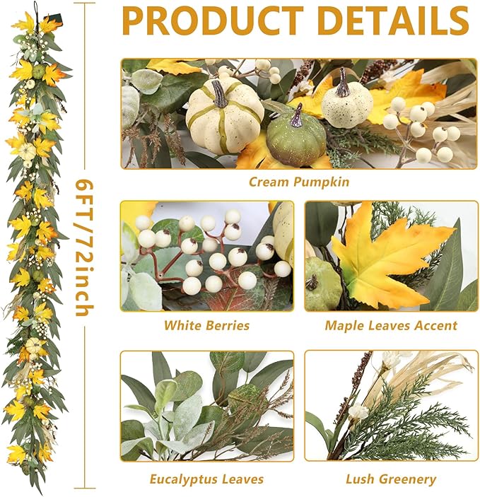 6 Ft Fall Garland for Mantle Fall Decorations for Home Porch Fall Maple Leaves Garlands with Lights/Timer Pumpkin Garland for Thanksgiving Outdoor Indoor Table Fireplace Wedding Hanging Autumn Decor