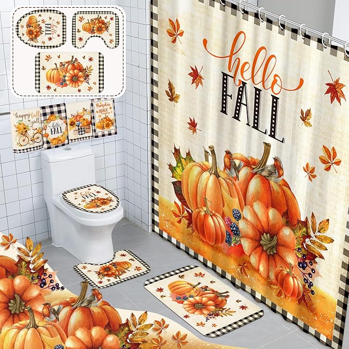 8 Pcs Hello Fall Grid Shower Curtain Set for Bathroom Include Harvest Autumn Pumpkin Shower Curtain Towels Non Slip Rugs Toilet Lid Cover Bath Mat and 12 Hooks for Autumn Bathroom Decor