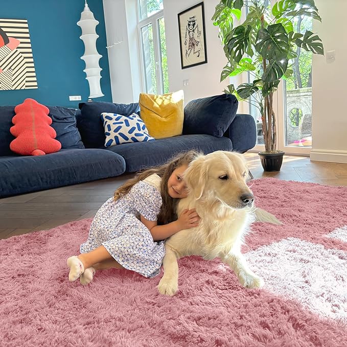 OLANLY Area Rugs for Living Room Bedroom, Machine Washable 4x5.9 ft Soft Fluffy Shaggy Bedside Rug, Indoor Floor Carpet for Kids Girls and Boys, Dorms, Nursery Rooms, Home Decor Aesthetic, Pale Pink