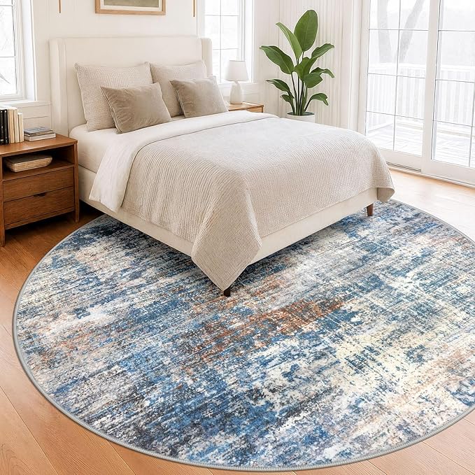 IOHOUZE Abstract Round Area Rug 8 Ft Washable Circle Rugs Large Round Rug Non Slip Thin Soft Circle Rugs, Printed Faux Wool Floor Carpet for Bedroom Living Room Dining Room Nursery, Blue Rust