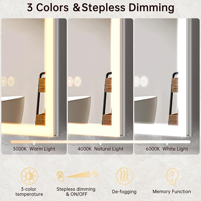 40"x32" Medicine Cabinet Mirror, LED Lighted Medicine Cabinet with Electrical Outlet&USB, Anti-Fog, 3 Colors Temperature Stepless Dimmable, Aluminum Cabinet for Storage and Mordern Decor