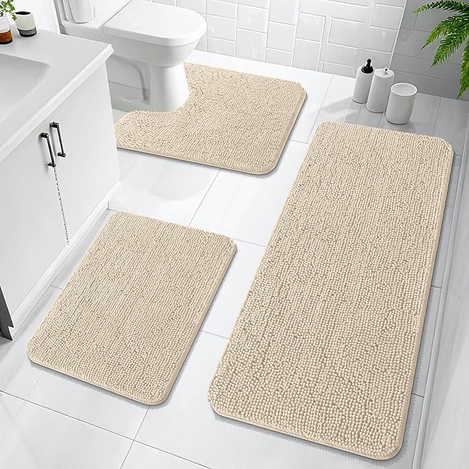 OLANLY Bathroom Rugs Sets 3 Piece, Soft Absorbent Chenille Bath Mats and U-Shaped Contour Toilet Rug, Quick Dry, Home Decor Accessories, Bath Mat Set for Bathroom (47"x20"+24"x16"+24"x20", Sand)