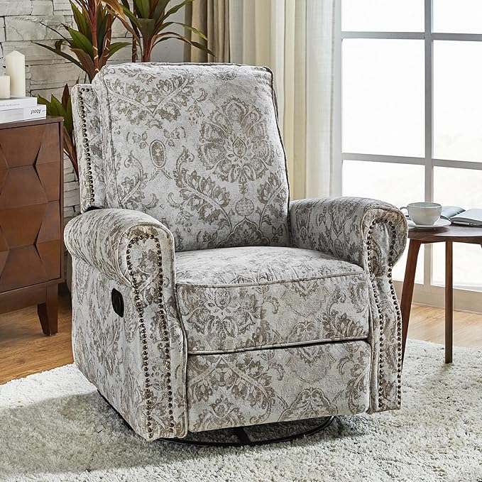 HULALA Home Swivel Rocker Recliner Set of 2, Modern Printed Fabric Swivel Recliner Chair for Adults Glider with Adjustable Backrest & Footrest, Beige