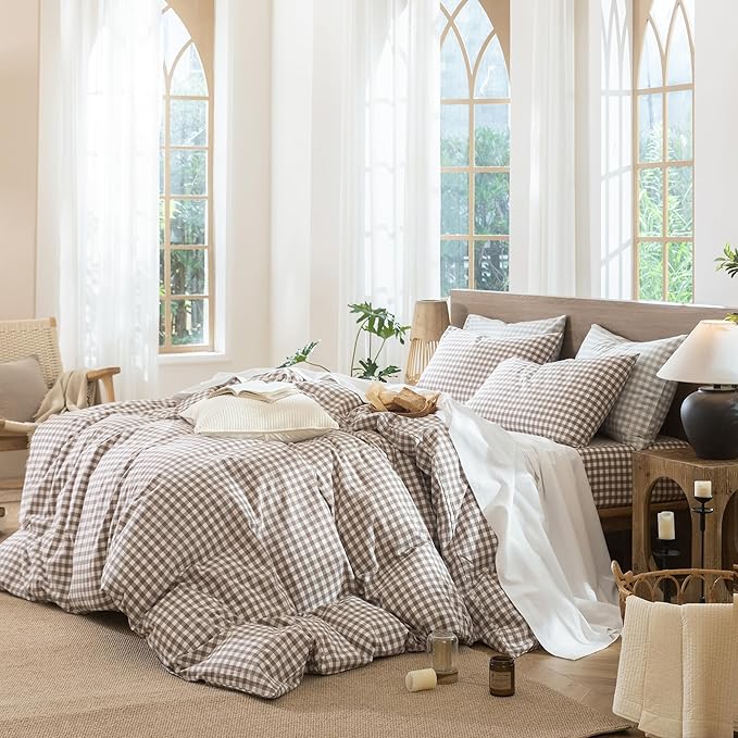 MooMee Gingham Duvet Cover Set 100% Washed Cotton Linen Like Textured Breathable Durable Soft Comfy Modern Checkered Design (Brown Gingham, Oversized Queen 98"x98")