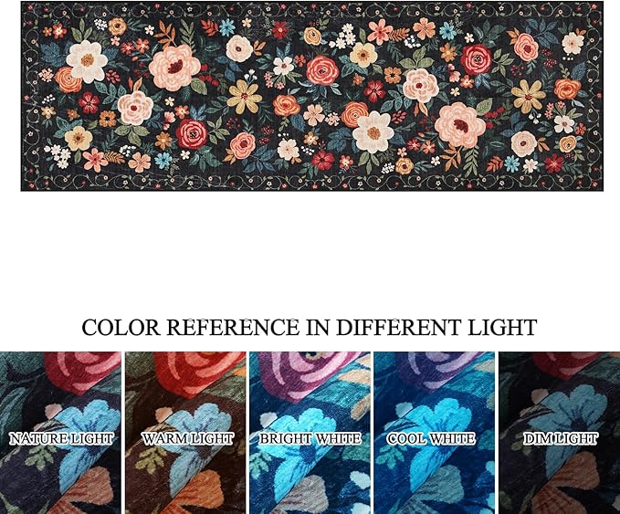 DUKINO Runner Rug, 2.6x8 Kitchen Rugs for Hallway with Non Slip Backing, Washable Low Pile Soft Boho Floral Runner Carpet for Hallway, Kitchen, Entryway, Laundry, Bedroom, Black