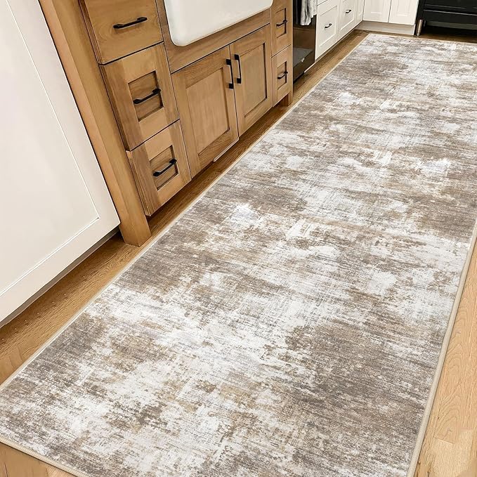 IOHOUZE Abstract Runner Rug 3x14 Ft Washable Runners for Hallways, Non Slip Kitchen Runner Printed Faux Wool Entryway Runner Indoor, Modern Abstract Floor Carpet for Hall Stair, Beige Brown