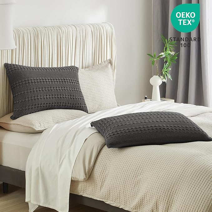 PHF 100% Cotton Waffle Pillow Shams Queen Size, 2 Pack 20" x 30" Soft Skin-Friendly Pillowcases, No Filling, Aesthetic Woven and Breathable Waffle Weave Pillow Case Covers for Bed, Charcoal Grey