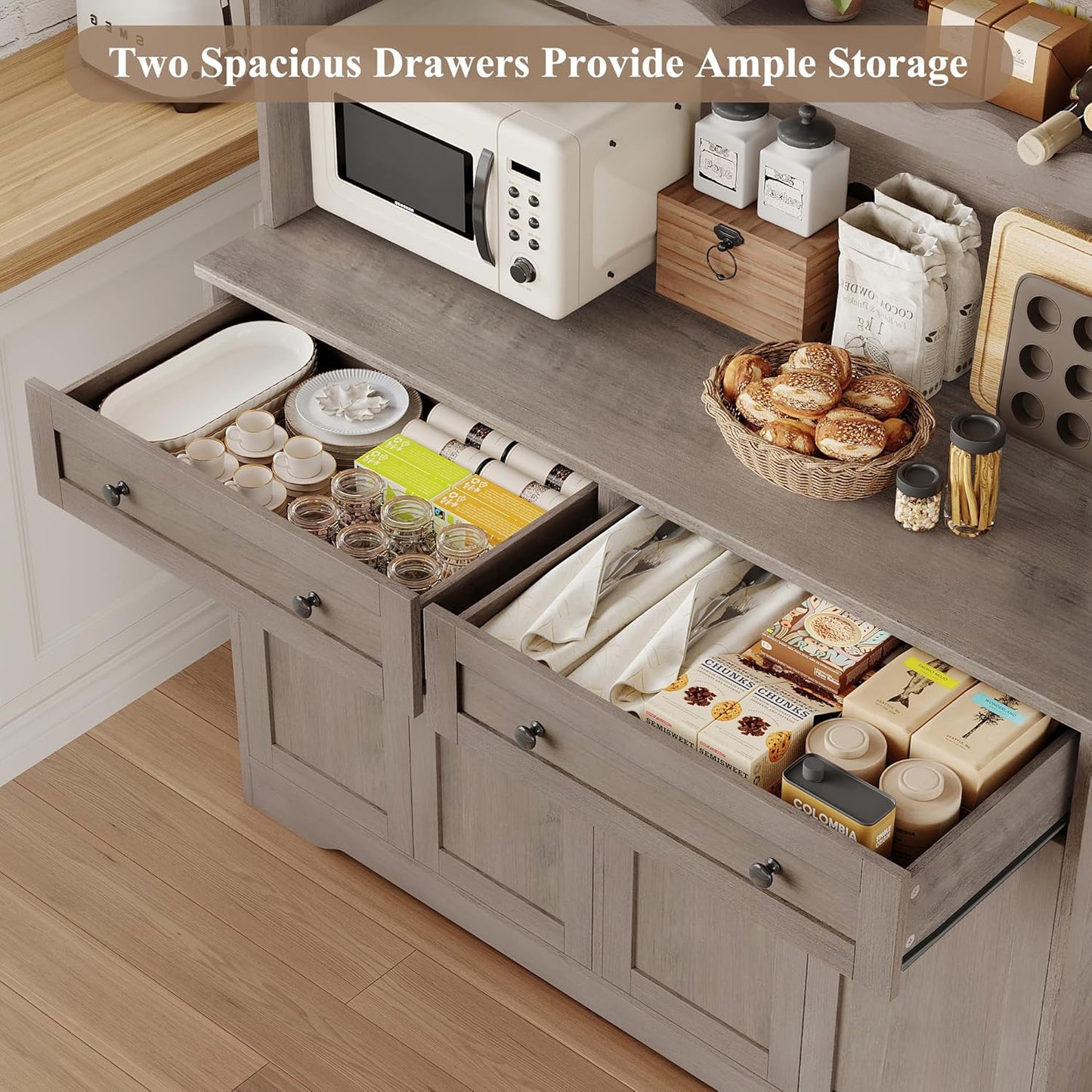 HOSTACK 75.4" Tall Kitchen Pantry Cabinet with Charging Station, Modern White Kitchen Hutch with Microwave Stand and Wine Rack, Large Food Pantry Storage Cabinet with Glass Doors and Drawers, Ash Gray