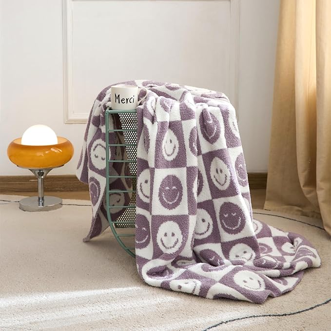YIRUIO with Smiley Faces Checkerboard Throw Blankets Checkered Reversible Microfiber Super Soft Warm Cozy Fluffy Shaggy Blanket for Home Office Couch Bed Sofa Decor (Lavender)