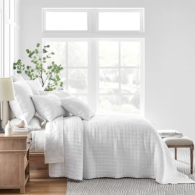 Levtex Home Mills Waffle King Bedspread Set (120x104in) with 2 Pillow Shams (36x20in) - Bright White - Cotton King Size Bedspread Set - Soft, Pre-Washed