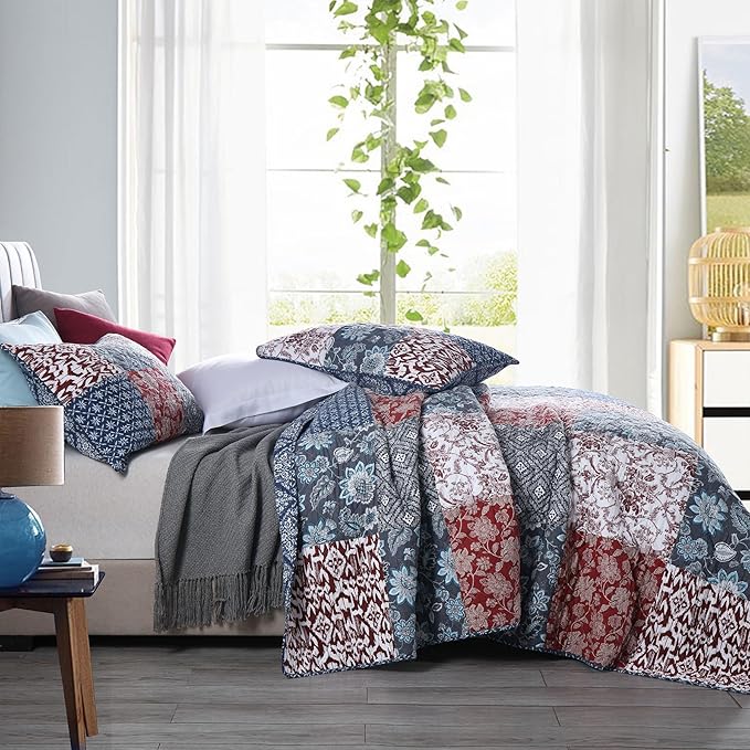 Secgo California King Quilt Size - 100% Cotton Oversized California Comforter Set Bedding Sets (120 * 110 Inch) with 2 Pillow Shams, Patchwork Reversible Lightweight Bedspread