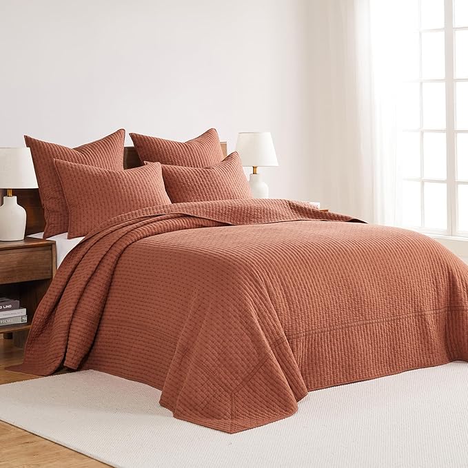 Levtex Home Cross Stitch Reversible Queen Bedspread Set (104x106in) with 2 Pillow Shams (26x20in) - Stitch Texture - Adobe - Cotton Queen Size Bedspread Set - Lightweight, Soft, Pre-Washed