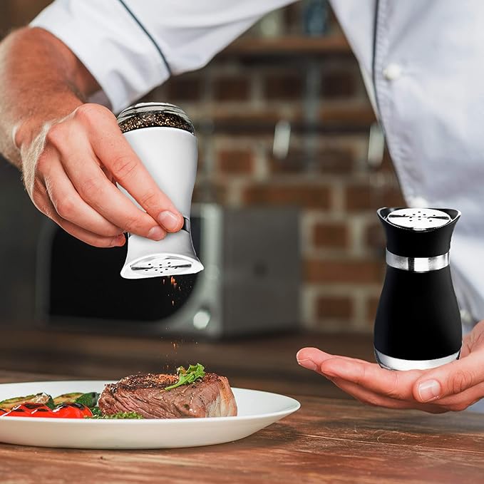 MITBAK Salt and Pepper Shakers (2-Pc. Set) Elegant w/Clear Glass Bottom | Compact Cooking, Kitchen and Dining Room Use | Classic, Refillable Design (BK/White)